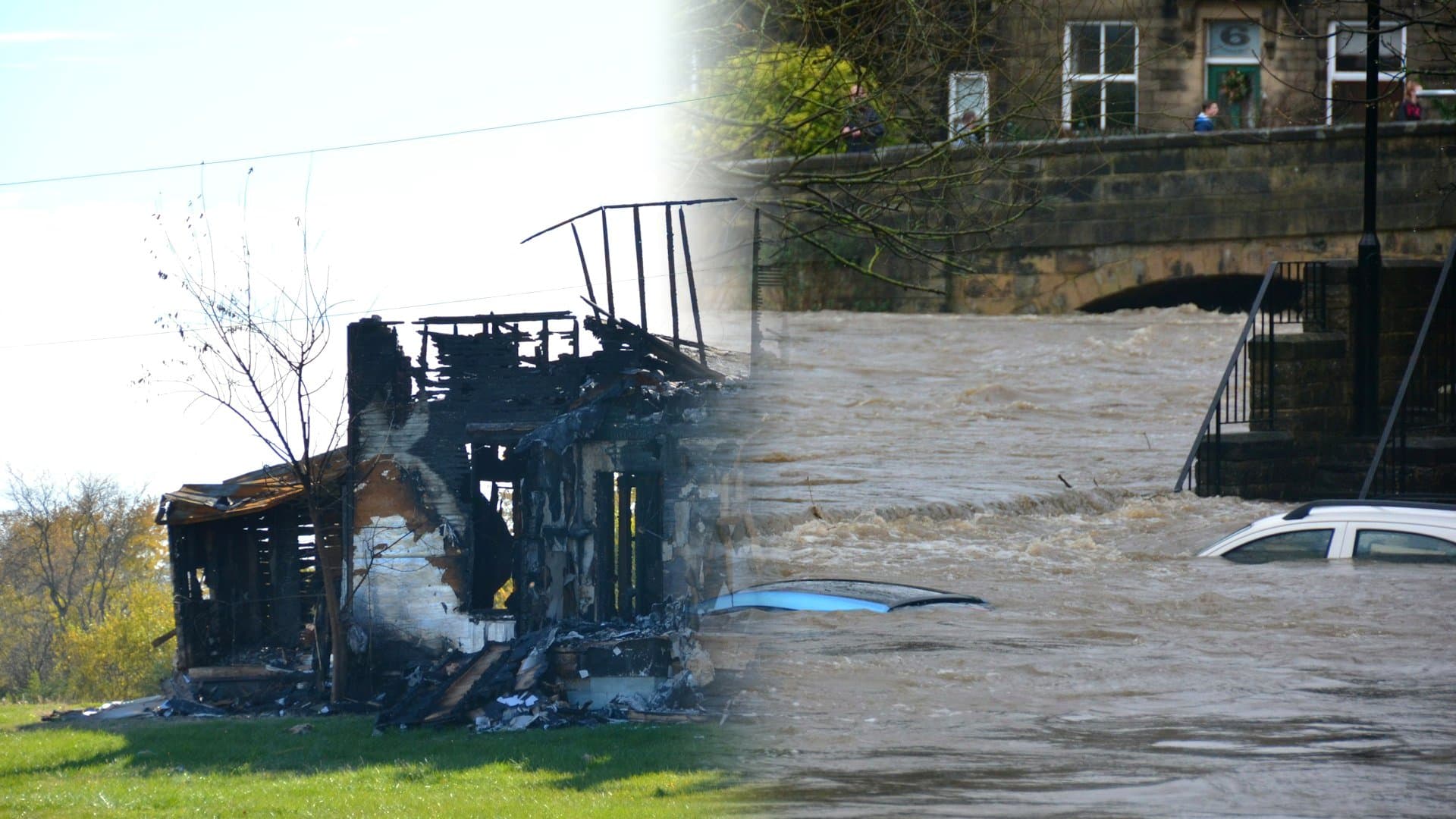Residential dwelling showing fire damage and water flood damage